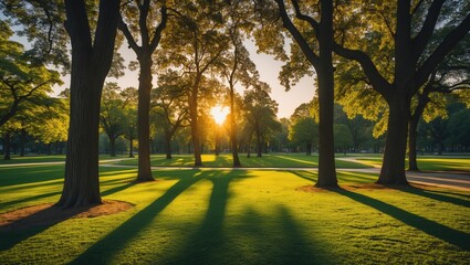 Fototapeta premium Serene Park Landscape at Sunset with Tall Trees Casting Long Shadows on Vibrant Green Grass