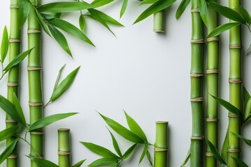 Naklejka premium Serene bamboo stalks and vibrant green leaves frame a bright white space creating a natural zen atmosphere perfect for wellness and spa themes
