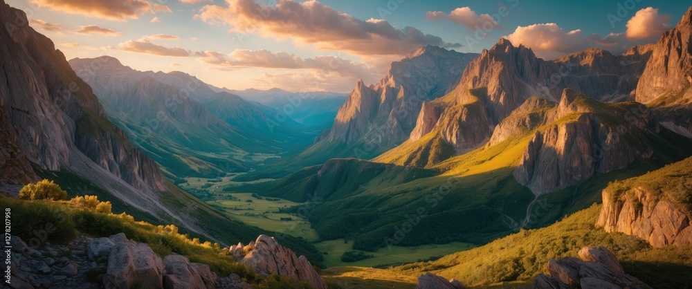 Wall mural Majestic Mountain Landscape with Lush Valleys Bathed in Golden Hour Light in an Untouched Wilderness Setting