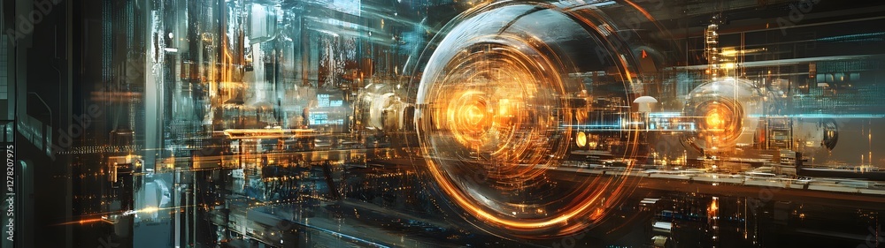 Poster Futuristic glowing portal or vortex opening into a digital dimensional realm of technological discovery  Abstract sci fi background featuring a surreal illuminated sphere or sphere like structure