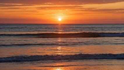 Fototapeta premium Coastal sunset with warm orange and golden hues illuminating the sky and reflecting on calm ocean waves at dusk.