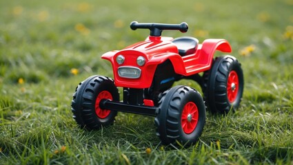 Obraz premium Red Toy Tractor on Green Grass with Ample Space for Text and Creative Concepts
