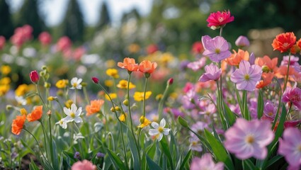 Fototapeta premium Vibrant Garden Flowers in Bloom with Soft Focus Background and Clear Space for Text Overlay