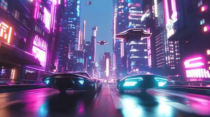 cyperpunk High-Tech Urban Future with Flying Cars and Skyscrapers