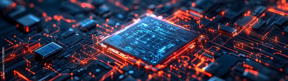 Poster Futuristic microchip circuit with intricate digital patterns and glowing neon lights representing the power of modern intelligence and the ever evolving world of computer engineering and innovation