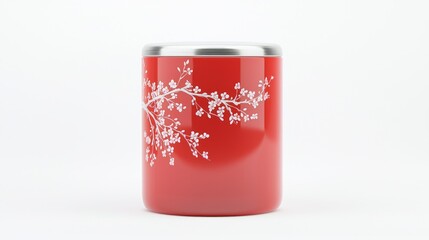 Red Cylindrical Container for Tea with Floral Design on Surface