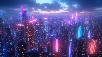 cyperpunk High-Tech Urban Future with Flying Cars and Skyscrapers