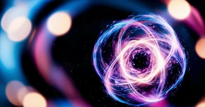 a subatomic particle suspended in mid-air, its quantum state vibrantly visualized as a swirling, iridescent aura, radiating a mesmerizing bokeh effect that blurs the boundaries between reality
