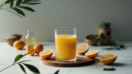 Freshly Squeezed Orange Juice in a Glass with Citrus Fruits and Greenery on a Wooden Board