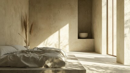 Peaceful and Minimalist Bedroom with Natural Light and Soft Textures