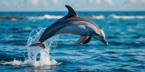 Fototapeta premium Dolphin gracefully leaping from the water in a bright blue ocean scene with ample space for overlaying text or graphics.