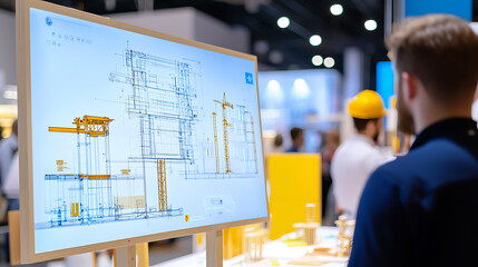 Architect reviewing digital building blueprint display
