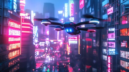 cyperpunk High-Tech Urban Future with Flying Cars and Skyscrapers