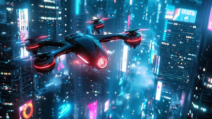 cyperpunk High-Tech Urban Future with Flying Cars and Skyscrapers