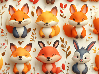 Fototapeta premium Cute woodland animals in autumn colors and playful poses