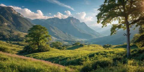 Fototapeta premium Scenic Mountain Landscape Surrounded By Lush Greenery Under A Clear Blue Sky Perfect For Outdoor Activities And Relaxation
