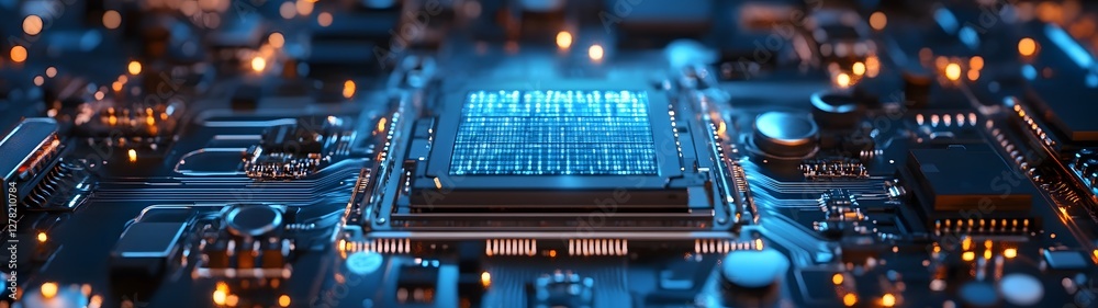 Poster Glowing blue electronic circuit board with futuristic technology concept  Abstract background with microchips processors and digital components  Engineering innovation and computing technology design