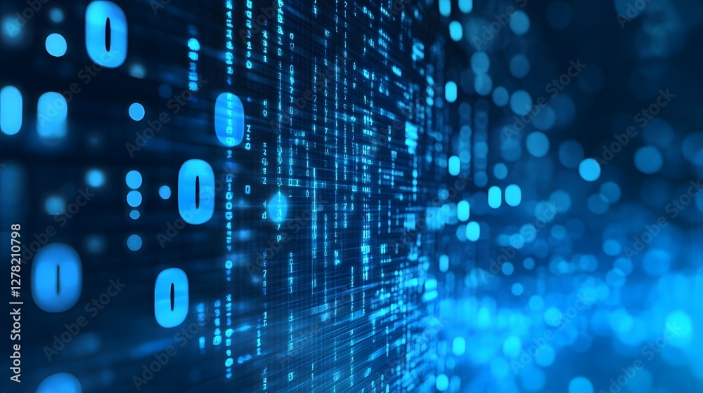 Leinwandbilder Glowing Blue Digital Data Matrix Abstract Background with Flowing Binary Codes and Information Technology Elements