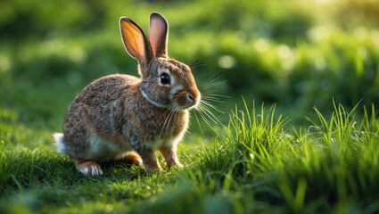 Fototapeta premium Cute Rabbit Playing Among Lush Green Grass with Space for Text Ideal for Nature and Animal Themed Projects