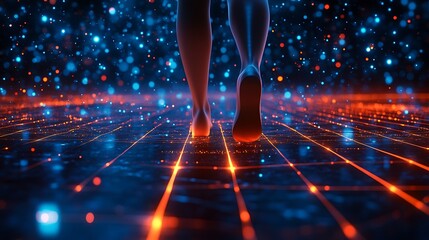 Barefoot digital walk on glowing grid floor
