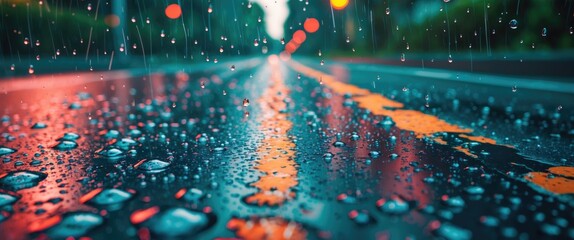 Rainy Road Reflection with Water Droplets on Glass Creating a Dreamy Atmosphere and Room for Text Overlay