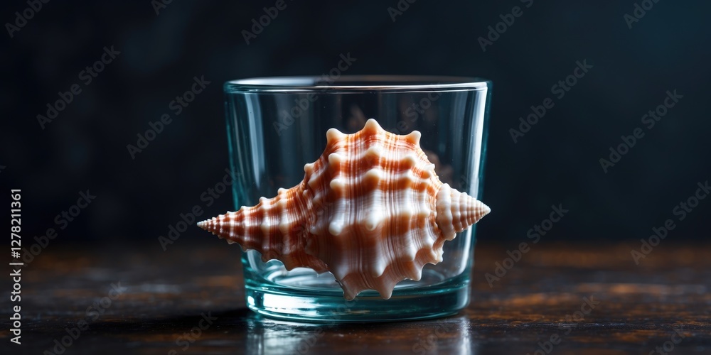 Poster seashell displayed on a clear glass with reflection against dark background creating an elegant and 