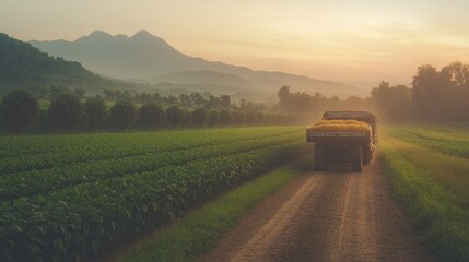 Fototapeta premium Tractor drives through lush fields at sunrise, creating serene a