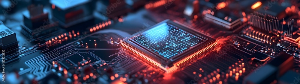 Poster Glowing Fiery Microchip on Intricate Futuristic Circuit Board with Vibrant Scarlet Accents   Advanced Computer Technology Digital Innovation and Cutting Edge Electronics