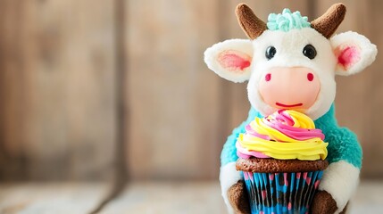 Fototapeta premium Stuffed cow holding a cupcake with colorful frosting
