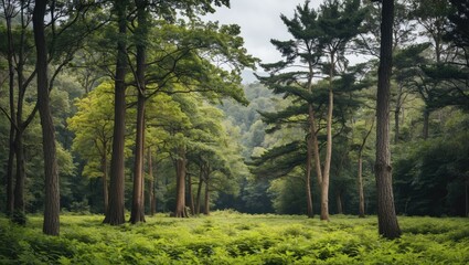Diverse Forest Landscape with Lush Green Trees and Open Space for Text or Branding Applications