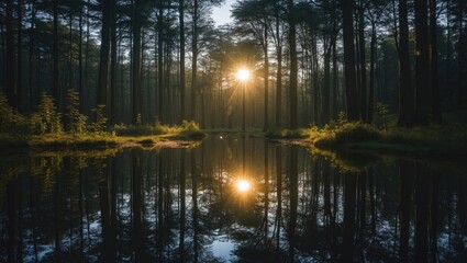Serene Forest Landscape with Sunlight Reflection in Calm Water Early Morning