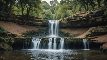 Tranquil Waterfall Cascading Over Rock Formations in Lush Green Country Park Setting