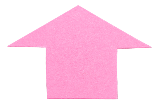 Pink isolated cut out paper cardboard arrow direction sign pointing up with texture and rough edges png transparent background design element