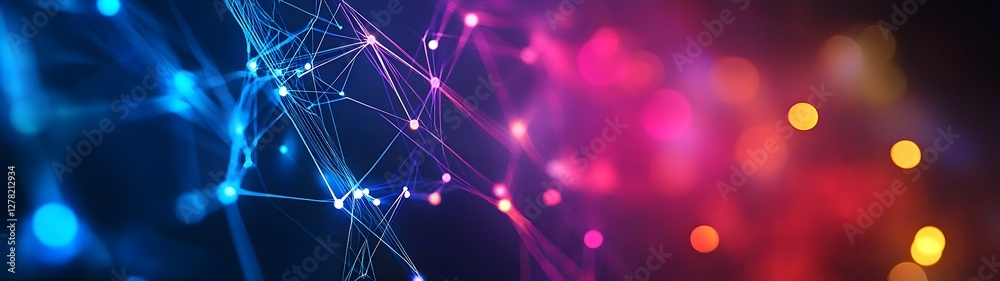 Aufkleber Glowing Futuristic Digital Network of Geometric Shapes and Colorful Lights  Abstract technology background with swirling data visualization electric energy and a dynamic cyber universe
