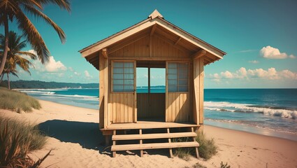 Fototapeta premium Secluded wooden hut on a tranquil beach with empty space for text, evoking a sense of peace and escape in a tropical setting.
