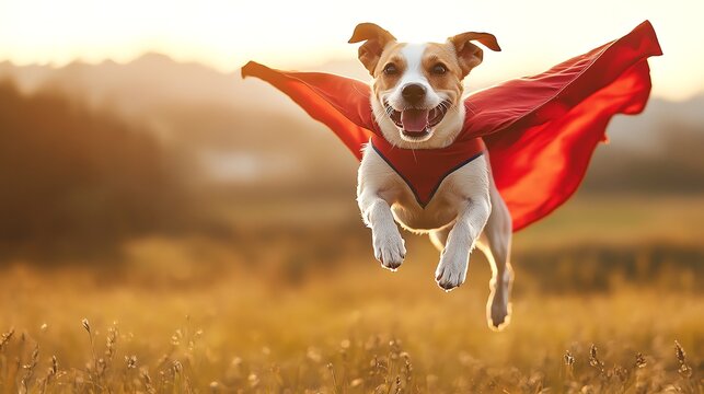 Energetic Puppy Wearing a Red Cape Like a Superhero. Flying Super Dog in Action on a Sunny Day

