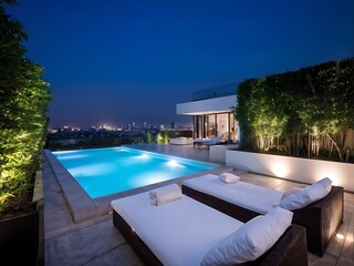 Modern Rooftop Pool with City Skyline at Night