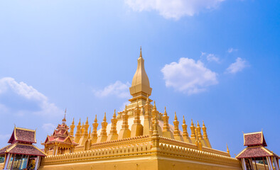Fototapeta premium The most beautiful Viewpoint Architecture at Pha That Luang Temple in Vientiane, Laos