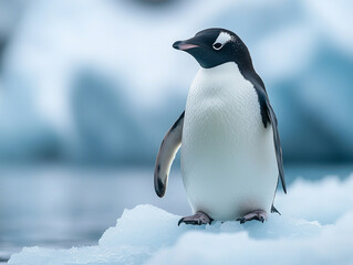 Obraz premium Penguin standing on ice in a cold environment