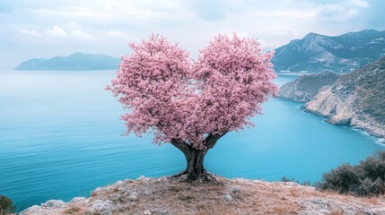 Heart-Shaped Tree in Bloom Overlooking the Ocean