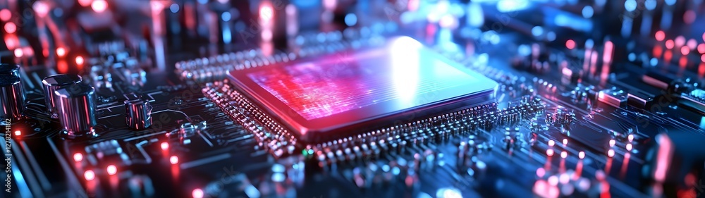 Poster Glowing Microchip on Futuristic Electronic Circuit Board Close Up High Tech Computer Intelligence and Innovative Technology Concept