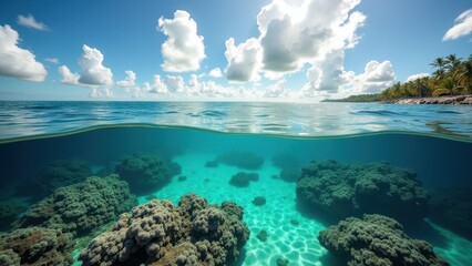 Fototapeta premium Split view of tropical island and underwater coral reef in clear blue water under sunny sky 