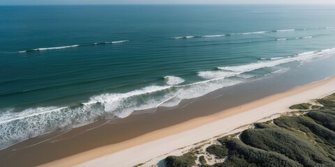 Aerial View of Calm Beach with Gentle Waves and Empty Sky Ideal for Travel or Relaxation Themes in Advertising and Marketing Materials