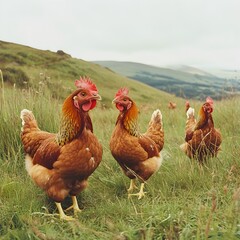 four chickens standing on a grassy hillside with rolling hills in the background. The chickens are brown with red combs and wattles, and the scenery is lush and green.