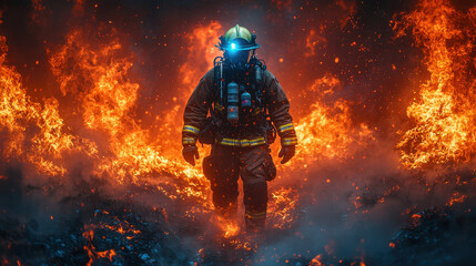 Naklejka premium Firefighter battles sentient blue flames while rescuing individual from a burning structure in a high-stakes sci-fi scenario