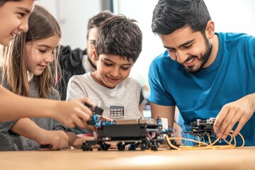 A hands-on classroom where young engineers practice coding and robotics in teams.