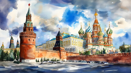 Obraz premium Iconic Kremlin and St Basil s Cathedral against Cloudy Sky in the Historic City of Moscow Russia with Snowy Landscape and Reflections in the River