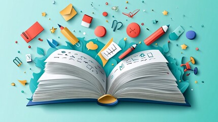papercut of school supplies magically flying out of an open book, creating a whimsical and educational design.