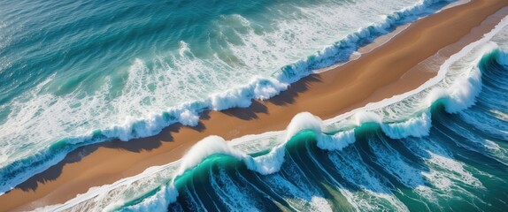 Obraz premium Aerial View of Waves Crashing on Golden Shoreline with Foam and Deep Blue Ocean in Bright Natural Light. Serene Coastal Landscape.