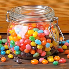 a glass jar filled with colorful jelly beans, with some jelly beans scattered around it on a wooden surface.
